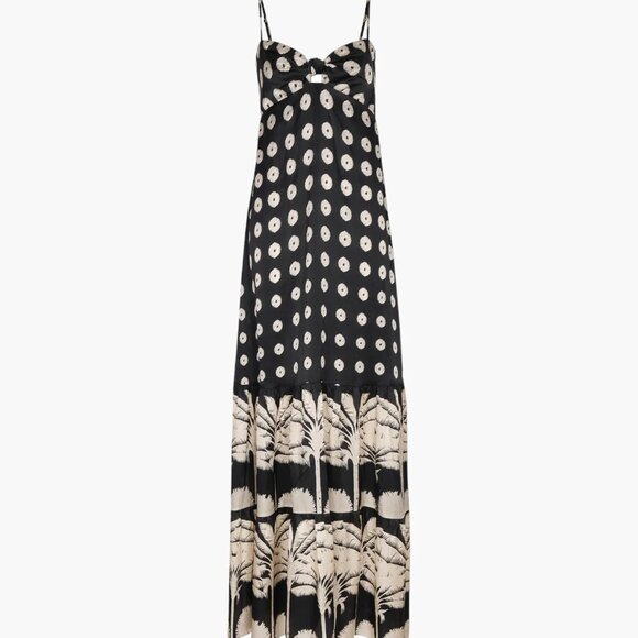 NEW JUAN DE DIOS Julieta Silk Maxi Dress Black/Cream With Palm Print Size 0 - Picture 2 of 4